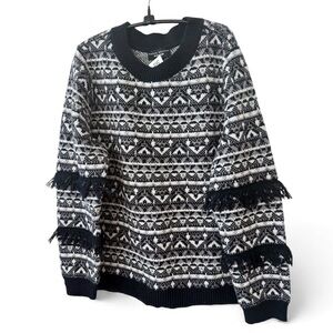 🆕 Susan Graver (QVC) detailed knit black/white fringe sweater *NWT* $74 size: L